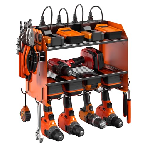 CCCEI Wall Mount Modular Tool Charging Organizer, Orange, 1 Pack, 3 Tier. | Drill Battery Storage Rack with Hooks, Garage Workshop, Gifts for Men, Dad, Husband Anniversary, Birthday, Christmas - color: Orange