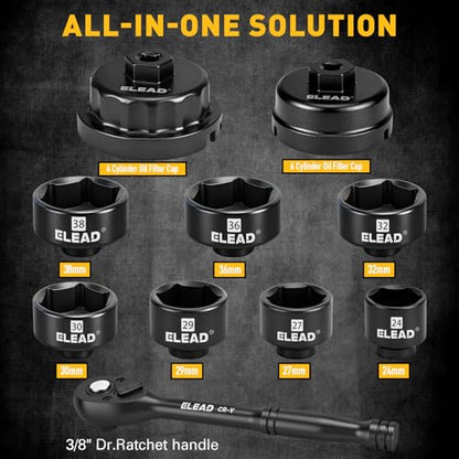 ELEAD 10-Piece Oil Filter Socket Wrench Set, 3/8" Drive Metric Cap Oil Filter Removal Tool, Low Profile Filters Socket Set with Ratchet Wrench Handle, Oil-change Kit Compatible with Toyota BMW Honda - style: Multi-Size Set