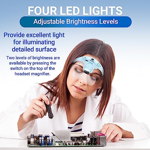 YOCTOSUN Magnifying Glasses with Light for Close Work, Head Magnifier with 4 LED Lights and 5 Detachable Lenses 1X to 3.5X,Rechargeable Hands Free Headband Magnifier Glasses for Crafts, Hobby - color: Light Blue