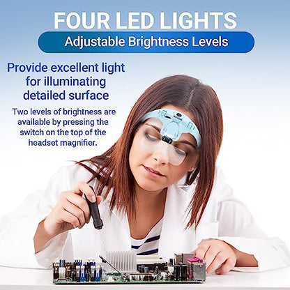 YOCTOSUN Magnifying Glasses with Light for Close Work, Head Magnifier with 4 LED Lights and 5 Detachable Lenses 1X to 3.5X,Rechargeable Hands Free Headband Magnifier Glasses for Crafts, Hobby - color: Light Blue