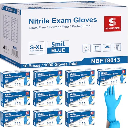 Schneider Nitrile Exam Gloves, 5 Mil, Medical Grade, Latex-Free, Powder-Free Disposable Gloves for Medical Exams, Food Safe, Cleaning and Food Prep, Blue, 1000 Count, Medium - color: Blue (1000), size: Medium