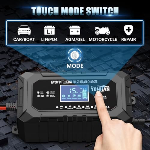 YONHAN 15-Amp 12V 24V Battery Charger LiFePO4 Trickle Charger | Car Battery Charger Fully-Automatic Smart Lead Acid Portable 9-Stage Smart Battery Maintainer with Temp Compensation