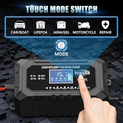 YONHAN 15-Amp 12V 24V Battery Charger LiFePO4 Trickle Charger | Car Battery Charger Fully-Automatic Smart Lead Acid Portable 9-Stage Smart Battery Maintainer with Temp Compensation