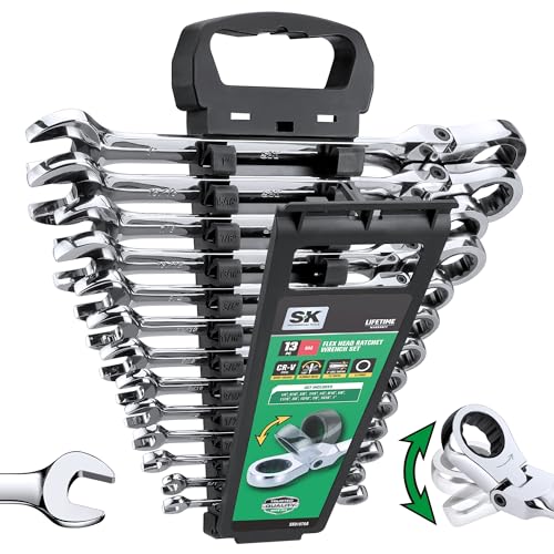 SK Flex-Head Ratcheting Wrench Set, Combination Wrench Set, 13-Piece, SAE 1/4" to 1", 72-Tooth, Premium CR-V Construction, with Rack Organizer - size: SAE