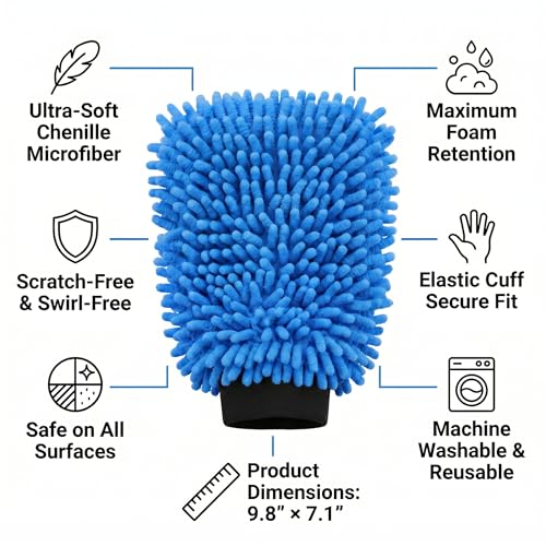 Premium Car Wash Mitt Microfiber - Scratch-Free Lint-Free, Ultra-Soft Chenille Material, (7.1"x9.8") 1 Pack, for Car Washing, Interior & Home Cleaning (Blue) - color: Blue
