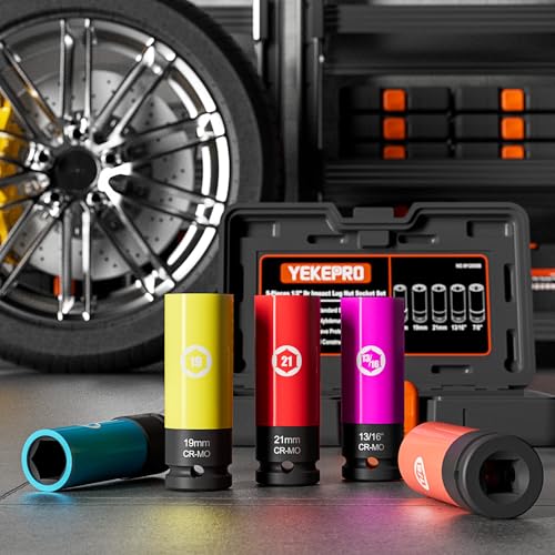 5 Pieces 1/2 inch Drive Impact Lug Nut Socket, Metric/SAE 17mm 19mm 21mm 13/16’’ 7/8’’ Thin Wall Deep Socket Set with Non-Marring Wheel Protectors - size: Metric/SAE