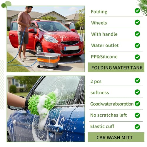 Maxdot Car Wash Bucket with Wheels Lid and Handle, 5.5 Gallon Collapsible Rolling Wash Bucket with 2 Microfiber Mitts for Car Cleaning, Camping, Rv & Pet Bathing