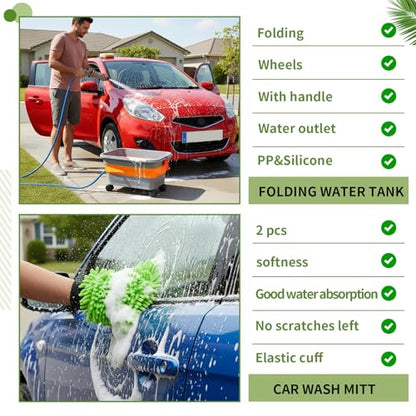 Maxdot Car Wash Bucket with Wheels Lid and Handle, 5.5 Gallon Collapsible Rolling Wash Bucket with 2 Microfiber Mitts for Car Cleaning, Camping, Rv & Pet Bathing