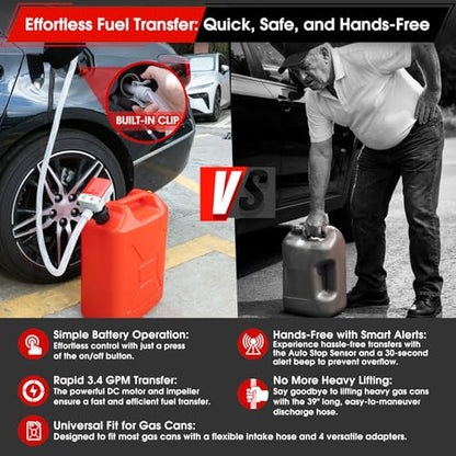 Fuel Transfer Pump with Auto-Stop,3.4GPM, USB & AA Battery Powered,30s Alert Beep,51"Hose Portable Fuel Pump with 4 Tank Adapter,Portable Liquid Pump with Nozzle for Gasoline,Diesel,Oil