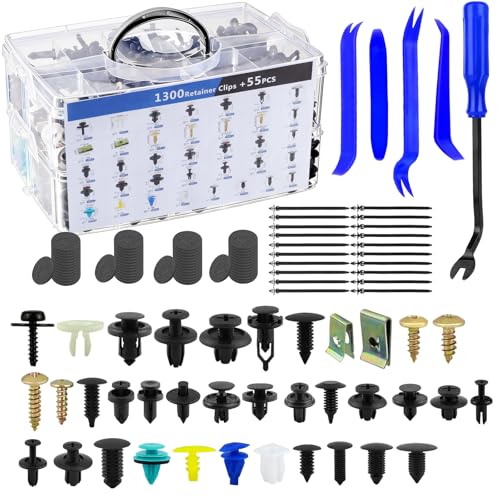 1355Pcs Car Retainer Clips & Metal Fasteners Kit - 36 Sizes Auto Push Rivets, Bumper U-Nuts & Screws with 5 Blue Trim Tools, Cable Ties. 3-Layer Storage Box for GM Ford (1355Pcs) - style: 1355pcs