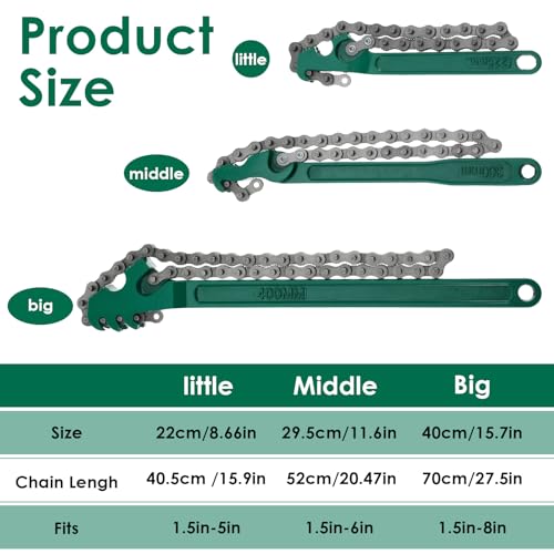 3 Pcs Heavy Duty Chain Wrench Set, 9" 12" 16" Adjustable Steel Oil Filter Wrench for Pipe Fittings Car Repair Shower Head Valve (Fits 1.5-8in Dia. Pipe)