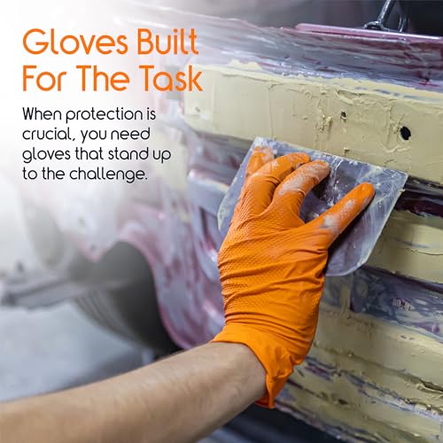 Inspire Heavy Duty Orange Nitrile Gloves | ULTRA 8 Mil Diamond Textured Grip | Industrial Mechanic Disposable Cleaning Gloves - size: Medium