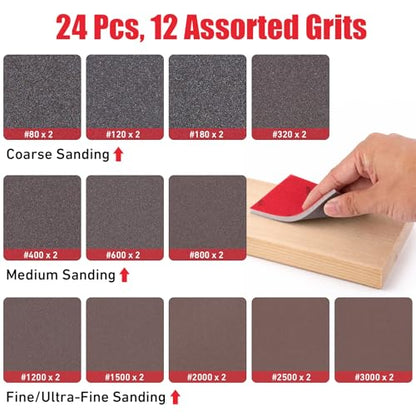 24 Pcs 80-3000 Grit Sanding Sponge Set, Ultra Fine Sanding Sponges Pads, Wet Dry Sanding Blocks for Model Drywall Metal Wood Furniture Polishing, 3×4 Inch