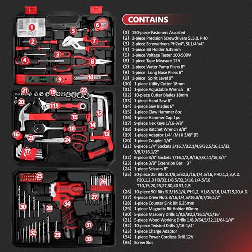 KingTool 276-Piece Tool Set Kit - Tool kit with 12V Cordless Power Drill Driver Toolbox Storage Case with Drawer, Drill Set Perfect for Homeowner, Diyer, Handyman