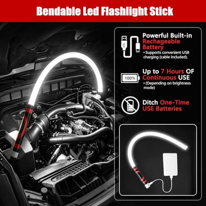 Abnaok Flexible LED Flashlight Stick, 30 in Bendable Mechanic Light with High-Lumen LED, Rechargeable Bendable Flashlight, 3 Lighting Modes, Automotive Illumination Tool for Mechanic Car Repairs