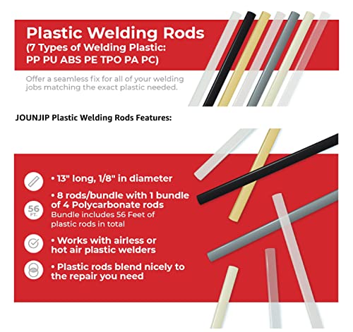 JOUNJIP 13" Plastic Welding Rods - Long 7 Types of Welding Plastic (PP PU ABS PE TPO PA PC) Most Common Plastics- For Use With JOUNJIP Plastic Welding Kit- 52 Pack 1/8" Dia - High Quality Checked