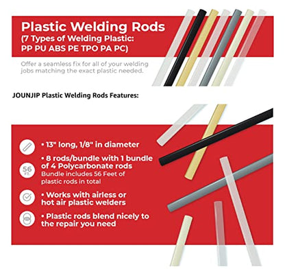 JOUNJIP 13" Plastic Welding Rods - Long 7 Types of Welding Plastic (PP PU ABS PE TPO PA PC) Most Common Plastics- For Use With JOUNJIP Plastic Welding Kit- 52 Pack 1/8" Dia - High Quality Checked
