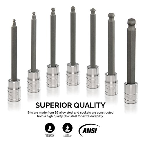 Neiko 10243A 3/8-Inch-Drive Extra-Long Ball-End Hex-Bit Socket Set, Metric Sockets 3/8" or 3 to 10 mm, S2 Steel, 7-Piece Set - size: 7 Piece, Ball-End, style: Metric
