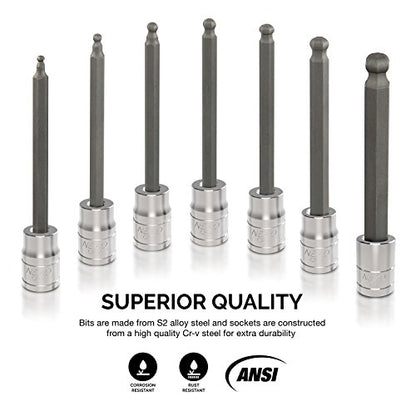 Neiko 10243A 3/8-Inch-Drive Extra-Long Ball-End Hex-Bit Socket Set, Metric Sockets 3/8" or 3 to 10 mm, S2 Steel, 7-Piece Set - size: 7 Piece, Ball-End, style: Metric