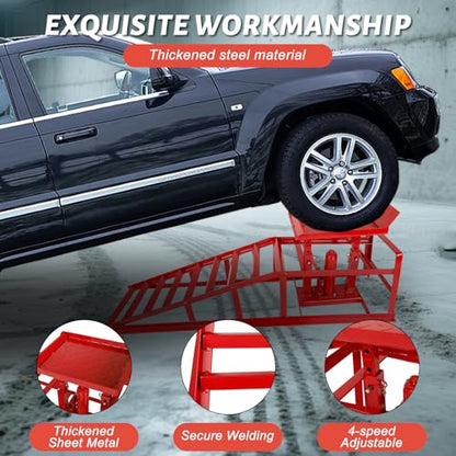 2 Pack Heavy Duty Steel Car Lift Ramp 5T Adjustable 9.8-15 Inch Height | Low Profile Car Lift Service Ramps Truck Trailer Garage 5T 11050lbs，Hydraulic Vehicle Ramp-Red - size: 5T-red