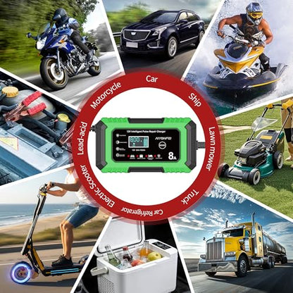 12V Battery Charger 8-Amp Smart Trickle Charger, Green | Battery Maintainer and Desulfator, Temperature Compensation, for Car, Truck, SUV, Motorcycle, Boat, Lead Acid, LiFePO4 - color: Green