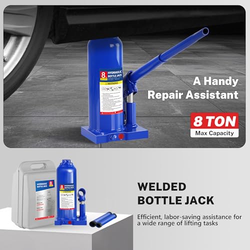 8T Bottle Jack with Tire Kit, Chock & Cross Wrench, 16K lbs | Heavy-duty 8-ton jack , tire kit , chock and cross wrench. 8.98"-17.24" lift. Welded steel. Portable. - color: 8 Ton with Tire Kit + Wheel Chock + Cross Wrench