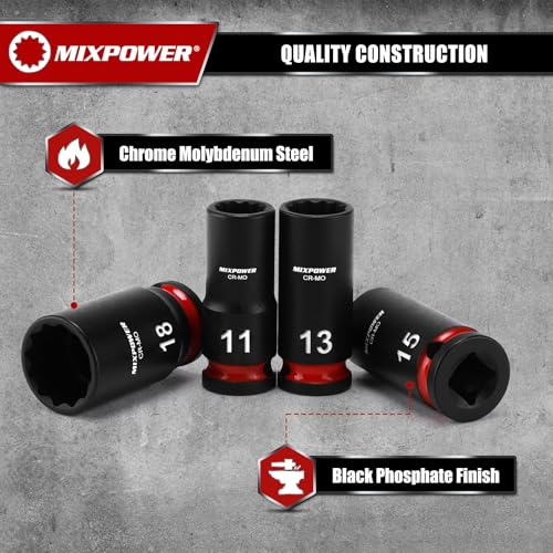 MIXPOWER 13 Pieces 3/8'' Drive Semi-Deep Impact Socket Set,12 Point,Metric,7-19mm,CR-MO,Axle Nut Impact Grade Socket for Easy Removal - size: 7-19mm