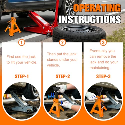 YATOINTO 3 Ton Jack Stands Heavy Duty 6,600 LBS, Car Jack Stand for Trucks with Double Pin Locking & Extra Rubber Pads, 11.3"-16.5" Adjustable for Garage, Home, DIY,1 Pair High Visibility Orange