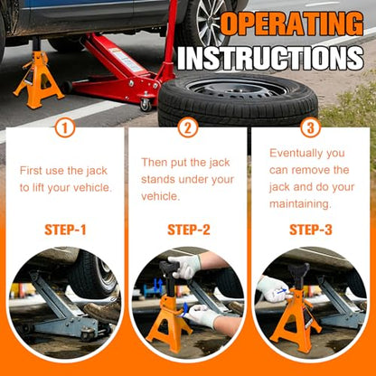 YATOINTO 3 Ton Jack Stands Heavy Duty 6,600 LBS, Car Jack Stand for Trucks with Double Pin Locking & Extra Rubber Pads, 11.3"-16.5" Adjustable for Garage, Home, DIY,1 Pair High Visibility Orange