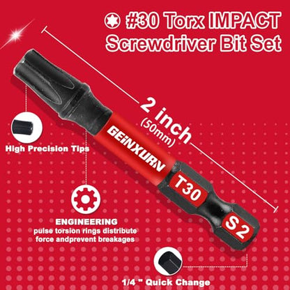 Geinxurn 15 Pieces T30 Impact Tough Magnetic Screwdriver Bit Set, 2 In. #30 Torx Head Power Bit Set, S2 Alloy Steel T30 Star Bit Set - size: 2"-15PCS, style: T30