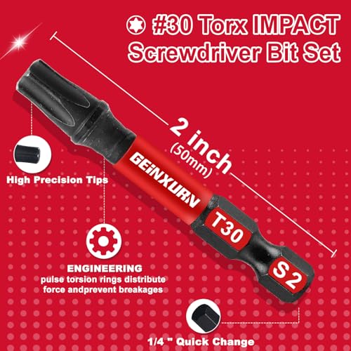 Geinxurn 51 Pieces T30 Impact Tough Magnetic Screwdriver Bit Set, 1 In. #30 Torx Head Power Bit Set, S2 Alloy Steel T30 Star Bit with 1Pcs Impact Bit Holder - size: 2"-51PCS, style: T30