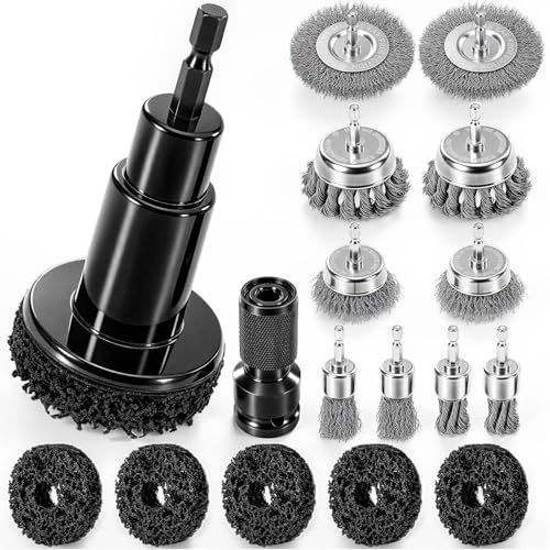 ACOCO 1/4" Hex Shank Wheel Hub Cleaning Tool and Wire Brush Set, 17pcs | Brake Rotor Resurfacing Kit with 10 Drill Brushes & 5 Polishing Pads for Lug Studs, Calipers and Automotive Rust Removal