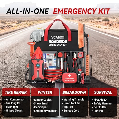 Car Emergency Safety Kit Bag with Portable Air Compressor, Jumper Cables,First Aid Kit, Winter Vehicle Roadside Emergency Kit with Snow Brush and Ice Scraper, for Women, Men, Teen