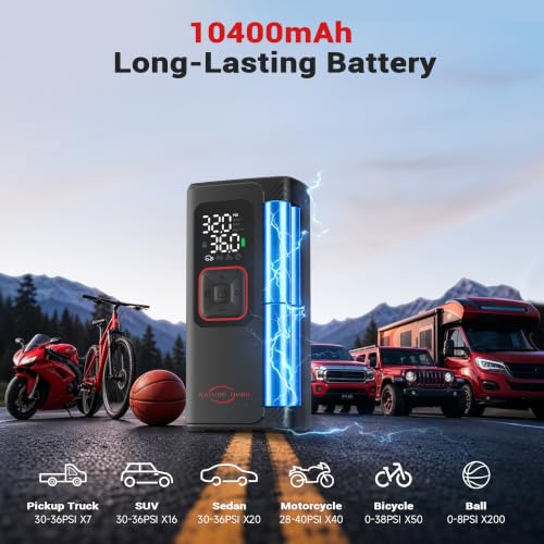 Dual Cylinder 6X Fast Tire Inflator Portable Air Compressor, 10400mAh Heavy Duty Air Pump with Pressure Gauge, 160PSI Portable Tire Pump for Car, SUV, Pickup Truck, Motorcycle, Bike, Ball