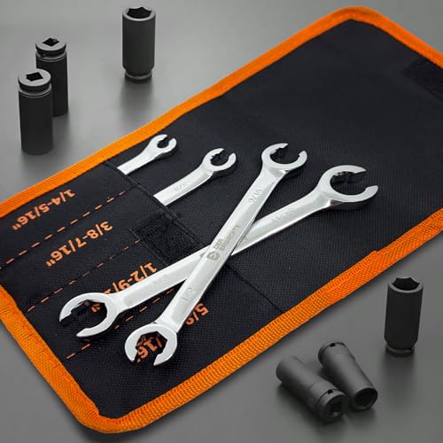 Der Erwachte 4-Piece Flare Nut Wrench Set - SAE Brake Line Wrench 1/4, 5/16, 3/8, 7/16, 1/2, 9/16, 5/8, 11/16-inch, Professional Offset Heads, Portable Organizer Pouch Included - size: 4PC SAE 6.35-17.46mm