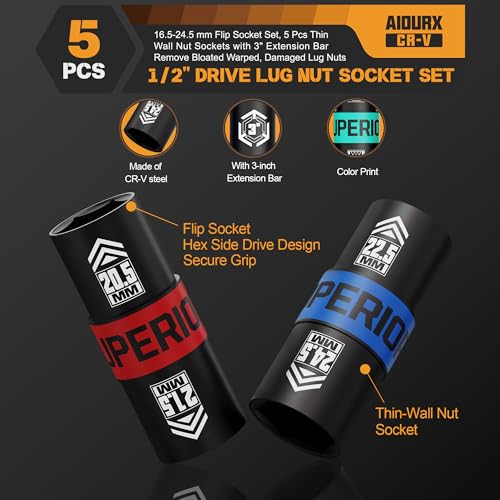 1/2" Drive Lug Nut Socket Set, 16.5-24.5 mm Flip Socket Set, 5 Pcs Thin Wall Nut Sockets with 3" Extension Bar, Remove Bloated Warped, Damaged Lug Nuts