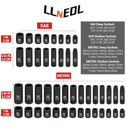 LLNEDL 3/8" Drive Impact Socket Set 95Pcs, Spark Plug Socket (5/8", 13/16"), 6 Point Metric & SAE from 5/16"- 3/4", 8-22mm, CR-V Deep & Shallow Kit with Quick Release Ratchet (72-Tooth) for Home & DIY - color: Red Case