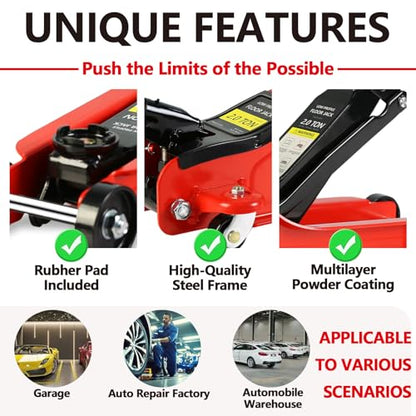 Floor Jack 2 Ton, Low Profile Floor Jack, Heavy Duty Steel Racing Jacks with Single Piston Quick Lift Pump, Hydraulic Car Jacks Lifting Range 3.3"-15.2" (2 Ton) - size: 2 Ton