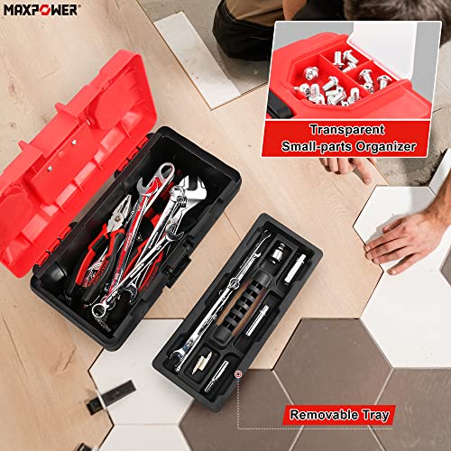 MAXPOWER Small Tool Box, 14-inch Plastic Tool Boxes with Handle | Removable Tray with Dual Lock Secured, Red Toolbox for Home - size: 14”, style: 14" red