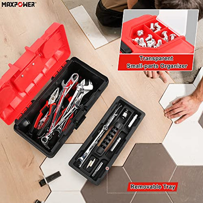 MAXPOWER Small Tool Box, 14-inch Plastic Tool Boxes with Handle | Removable Tray with Dual Lock Secured, Red Toolbox for Home - size: 14”, style: 14" red