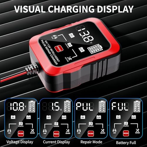 6V 12V Battery Charger 1.5A Automatic Battery Maintainer Trickle Charger Smart Float Charge, Auto Battery Repair Charger Desulfator for Car Motorcycle Lawn Mower Boat Lead Acid AGM LiFePO4 Batteries