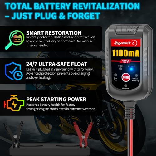 Motorcycle Battery Charger and Maintainer 12V, 1.1Amp Smart Trickle Charger - Automatic Float Charger for Cruiser Sport Bike ATV Scooter Dirt Bike Lawn Mower, LiFePO4 Lithium Lead Acid AGM Gel - color: 12V 1.1Amp