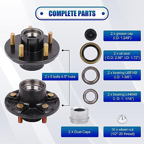 2-Pack 5 on 4.5 Trailer Hub Kit for 3500 lbs Axles, Pre-Installed Races with 1-3/8" & 1-1/16" Bearings, Rust-Resistant Wheel Hub Assembly for Boat Utility Trailers and Long Hauls - size: 5 on 4.5" 3500 lbs