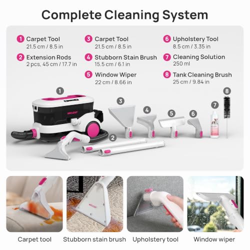 WECLEAN C4 Portable Carpet Cleaner Machine, Stand Up Upholstery Cleaner with 18KPa Powerful Suction, 800W Spot Cleaner for Pet Stains, Carpet, Rug, Couch and Car Interior, Dual Tank System, Pink - color: Pink