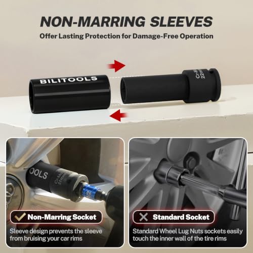 BILITOOLS 22mm Lug Nut Socket, 1/2" Drive Thin Wall Impact Socket | Non-Marring Sleeve, 6-Point Cr-Mo Wheel Socket for Tire Changes, Rims and Auto Repair - size: 22MM