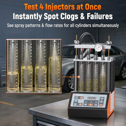FOXWELL JT410 Fuel Injector Tester & Cleaner Machine, 4-Cylinder Ultrasonic Injector Cleaner with Heating, Featuring Visual Spray Pattern & Flow Rate, Resistance & Leak Test for 12V Injectors