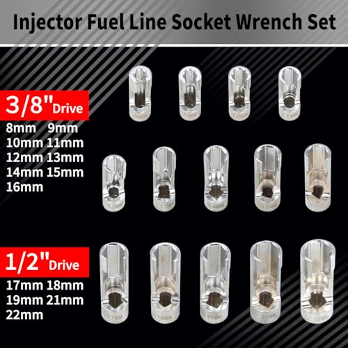 DPTOOL 14pcs Diesel Injector Fuel Line Socket Set Metric 8-22mm Flare Nut Socket Set 3/8" 1/2" Drive 5-Point Avoid Wire Nut Sockets for Wired Temperature Sensor, Thermo Switch, etc