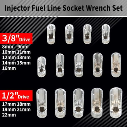 DPTOOL 14pcs Diesel Injector Fuel Line Socket Set Metric 8-22mm Flare Nut Socket Set 3/8" 1/2" Drive 5-Point Avoid Wire Nut Sockets for Wired Temperature Sensor, Thermo Switch, etc