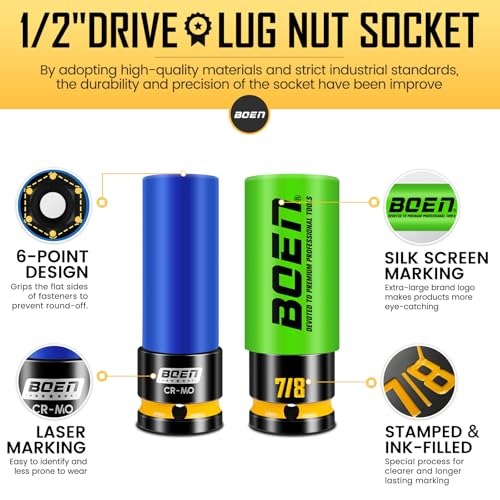 BOEN 1/2" Drive Impact Lug Nut Socket Set, 5 Pieces Non-Marring Thin Wall Wheel Protector Nut Socket, Metric (17, 19, 21mm) & SAE (13/16", 7/8"), Color-Coded and Painted Size Markings, CR-MO Steel