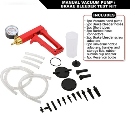 Manual Vacuum Pump and Brake Bleeder Test Kit with Brake Bleeding, Power Steering Fluid Changes, and Tune-Ups